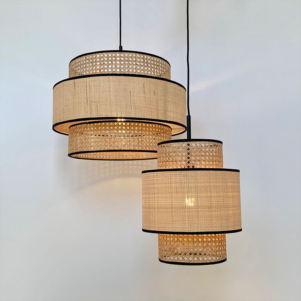 Ritta Wabi Sabi Tri-Layer Cylindrical Rattan/ Pendant Light, Wooden