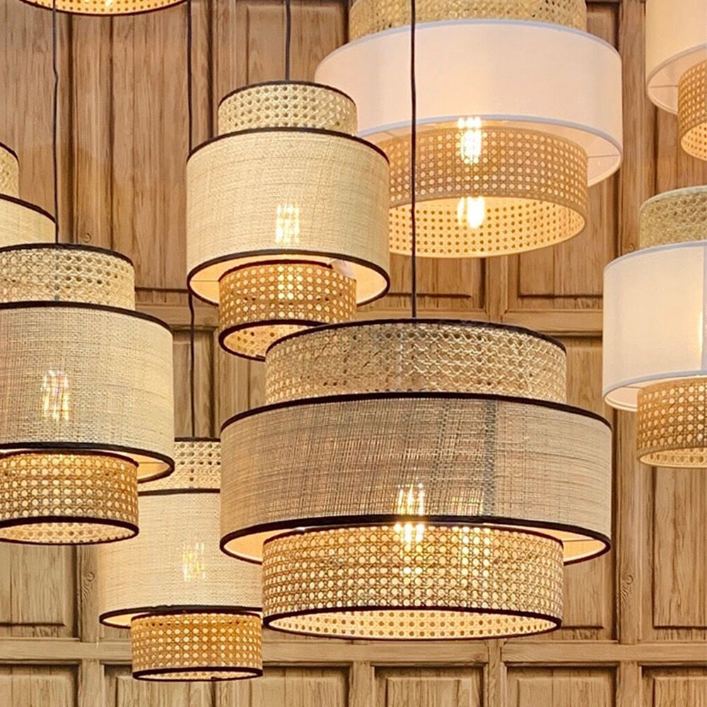 Ritta Wabi Sabi Tri-Layer Cylindrical Rattan/ Pendant Light, Wooden