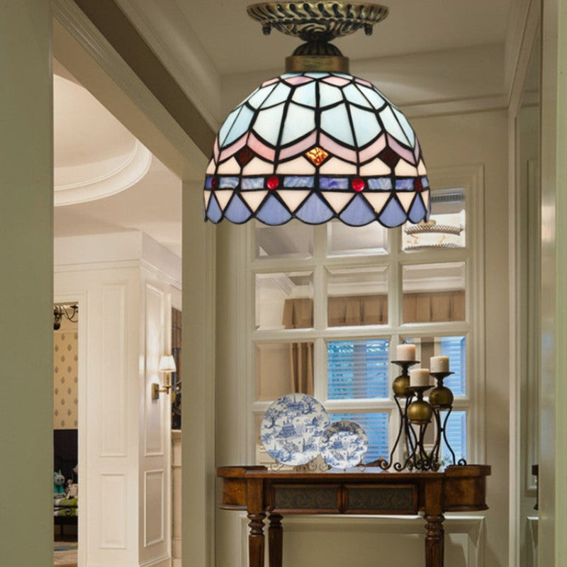 Tiffany Vintage LED Flush Mount Ceiling Light Blue Living Room