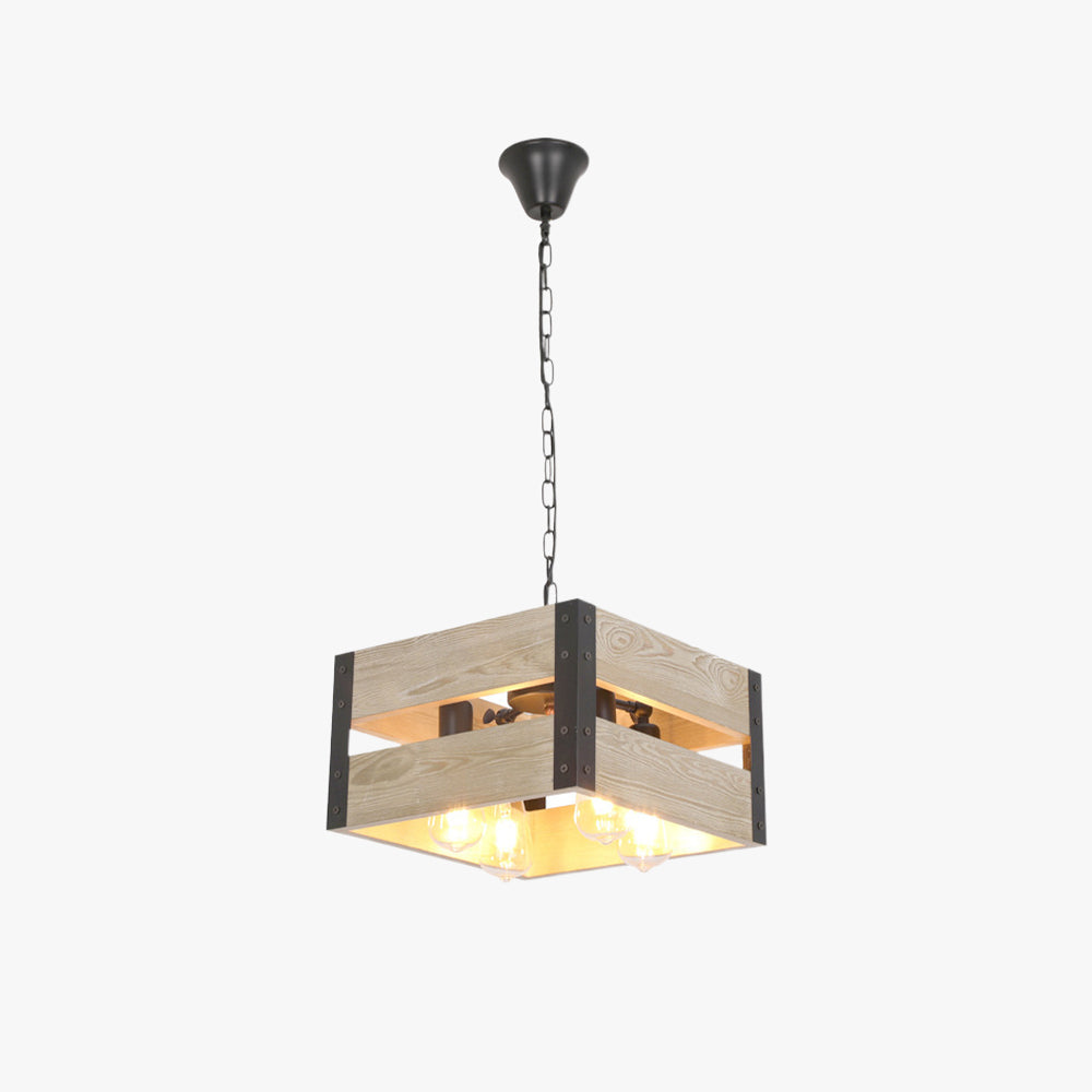 Silva Retro Square & Wood Pendant Light, 4 Heads, 2 Style