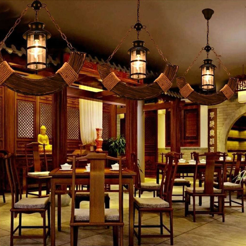 Epoch Retro Rustic Arc /Wood Lantern Glass Pendant Light
