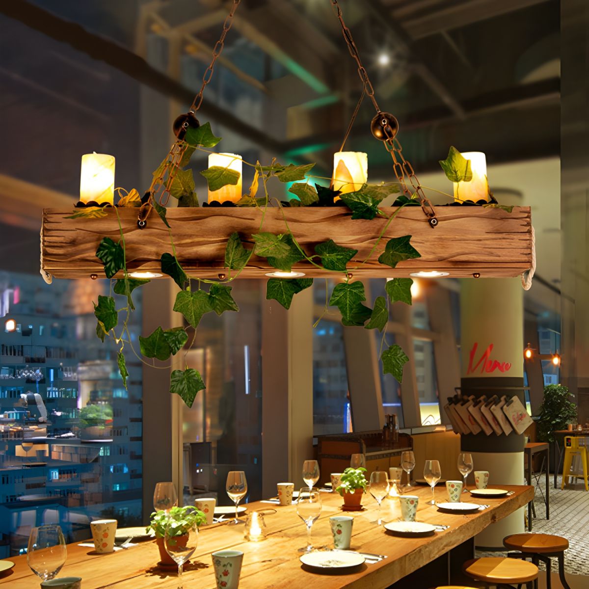 Epoch Rustic Linear Wood Pendant Light Dining Room