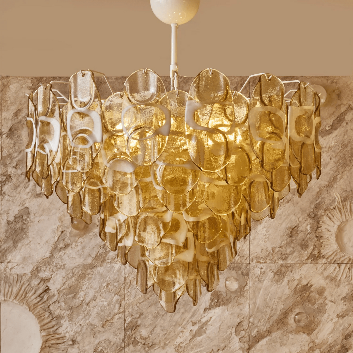 Aurora Chandelier Amber Murano Glass Oval Drops Layered