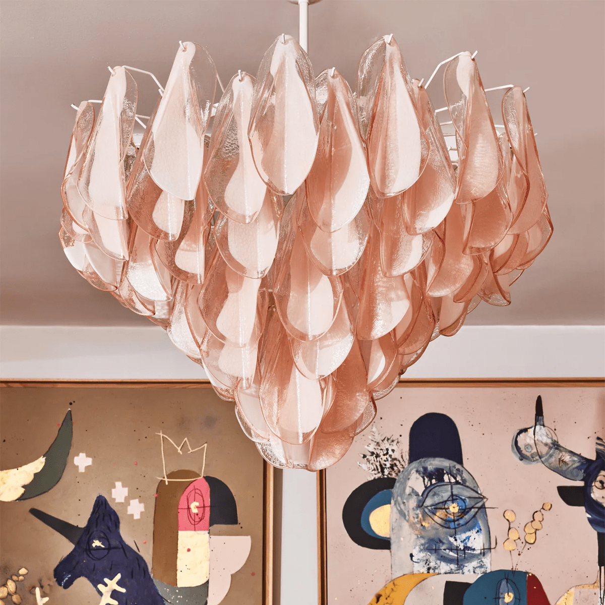 Aurora Chandelier Amber Murano Glass Oval Drops Layered