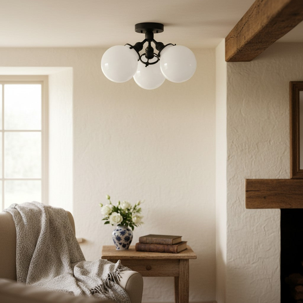 Pearl Glass White Mid Century Flush Ceiling Lamp