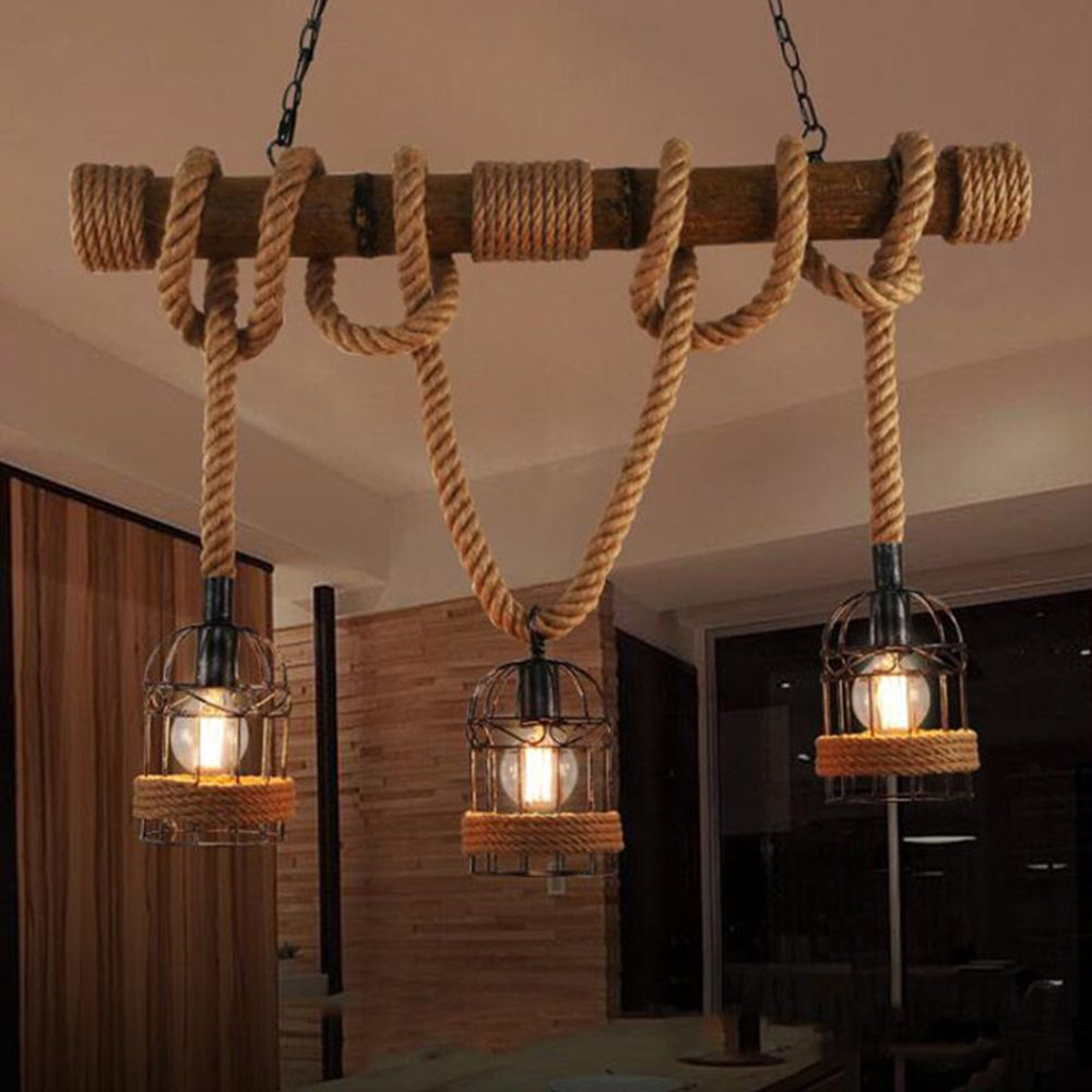 Epoch Vintage Wood Pendant Light, 3 Heads, Hemp rope&