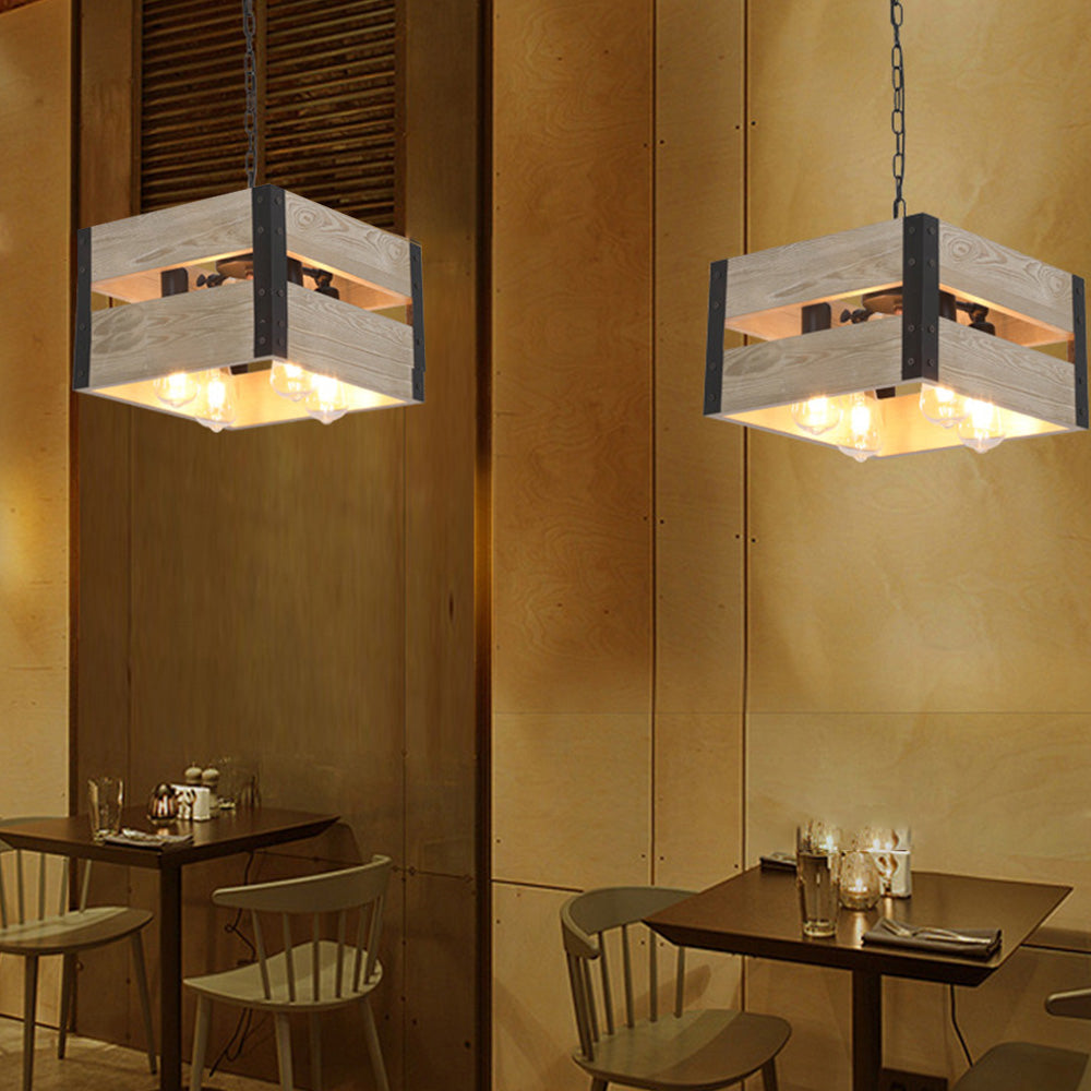 Silva Retro Square & Wood Pendant Light, 4 Heads, 2 Style