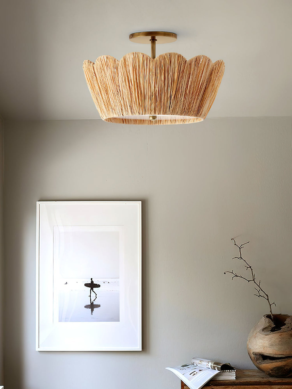 Alitzel Ceiling Light Natural Rattan Scalloped Brass Mount