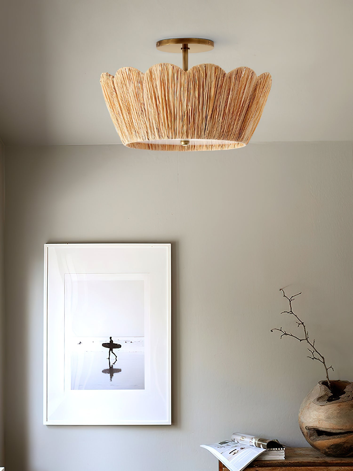 Alitzel Ceiling Light Natural Rattan Scalloped Brass Mount