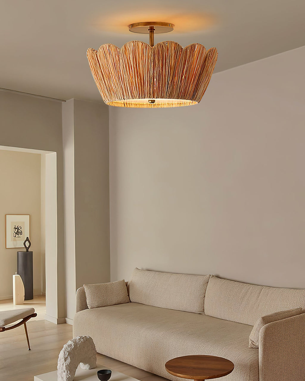 Alitzel Ceiling Light Natural Rattan Scalloped Brass Mount