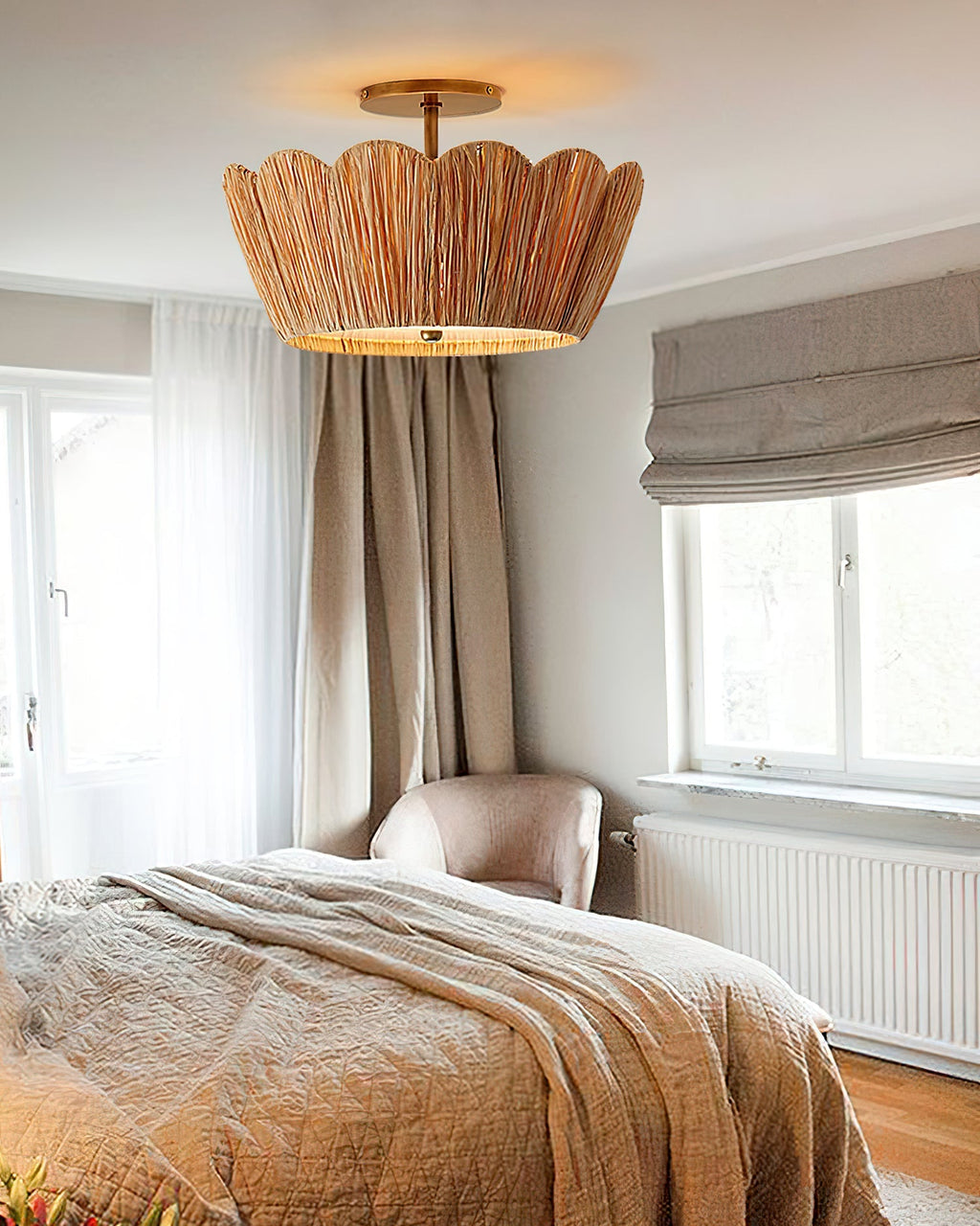 Alitzel Ceiling Light Natural Rattan Scalloped Brass Mount