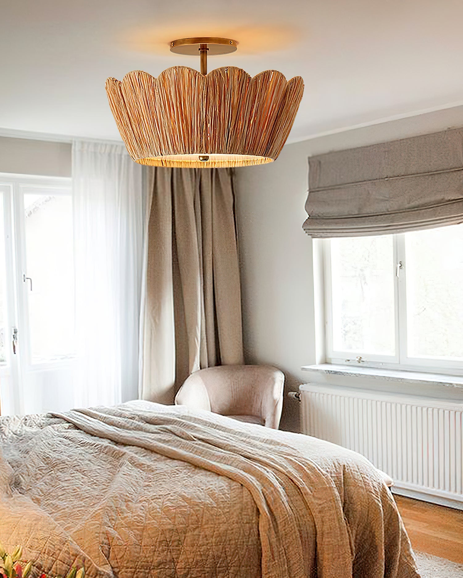 Alitzel Ceiling Light Natural Rattan Scalloped Brass Mount
