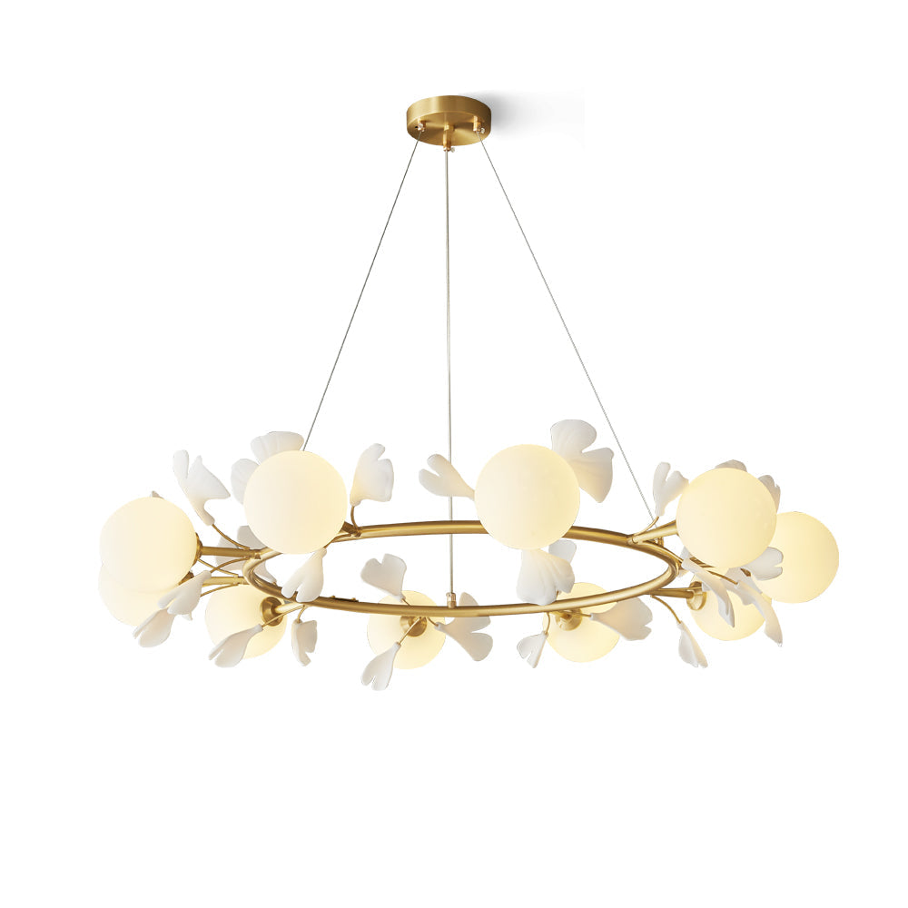 Allanie Gingko Chandelier Round Brass Globe Leaf
