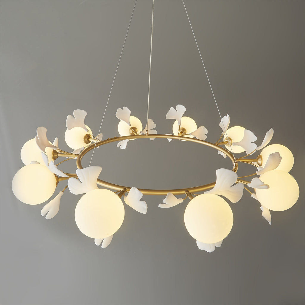 Allanie Gingko Chandelier Round Brass Globe Leaf