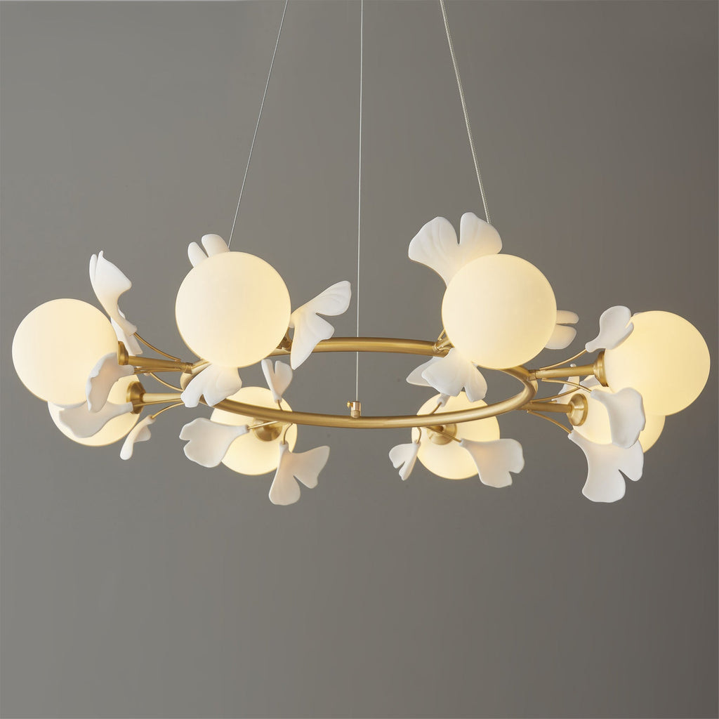 Allanie Gingko Chandelier Round Brass Globe Leaf