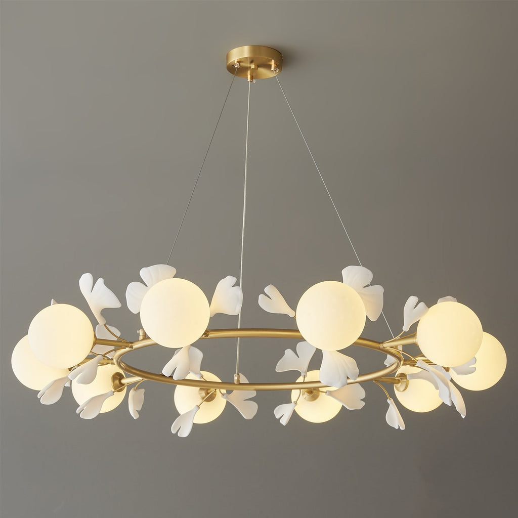 Allanie Gingko Chandelier Round Brass Globe Leaf