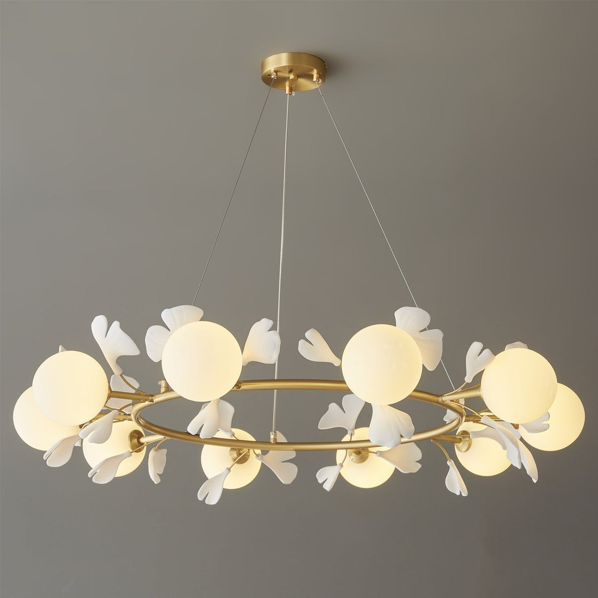 Allanie Gingko Chandelier Round Brass Globe Leaf