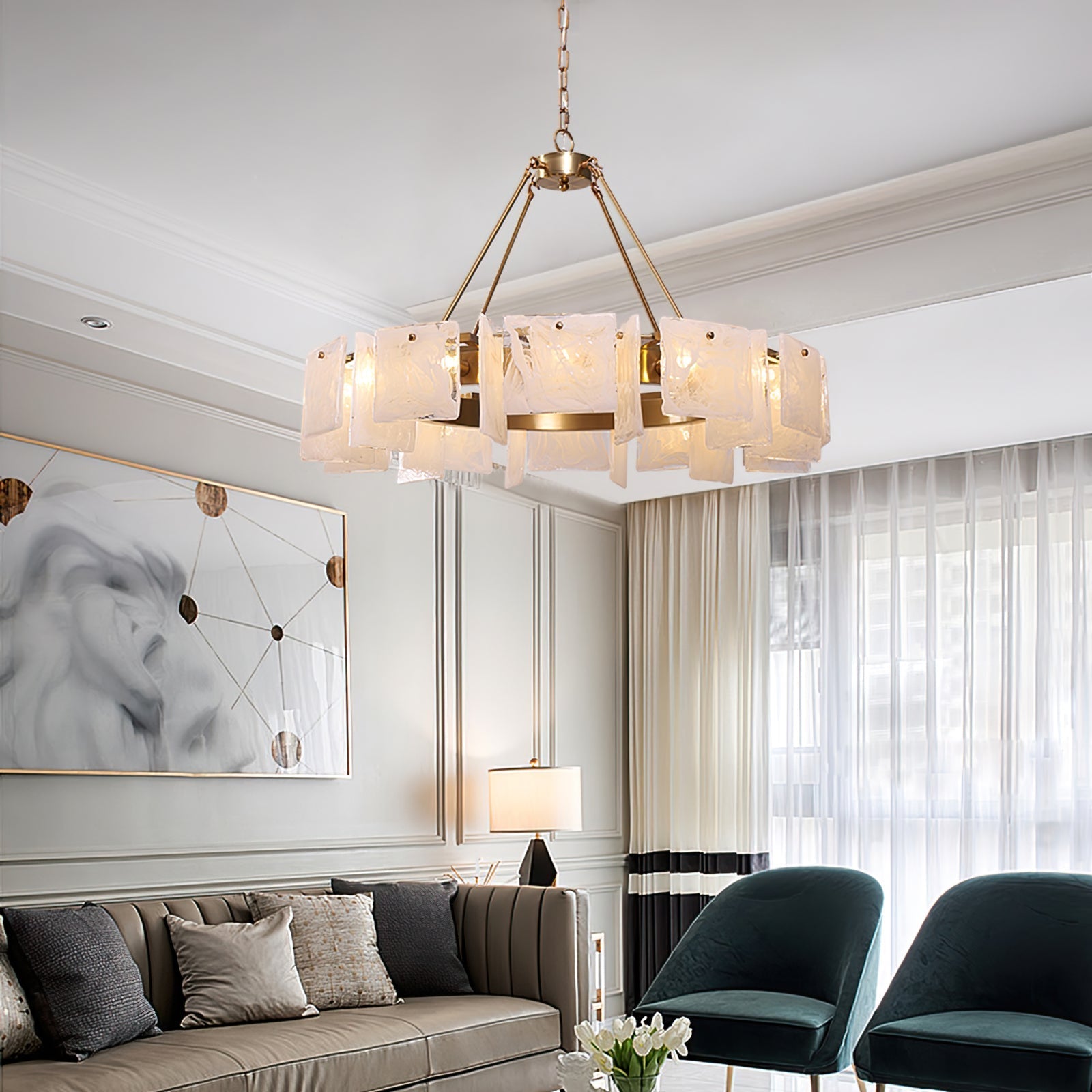 Alsona Chandelier Brushed Copper Glass Panel