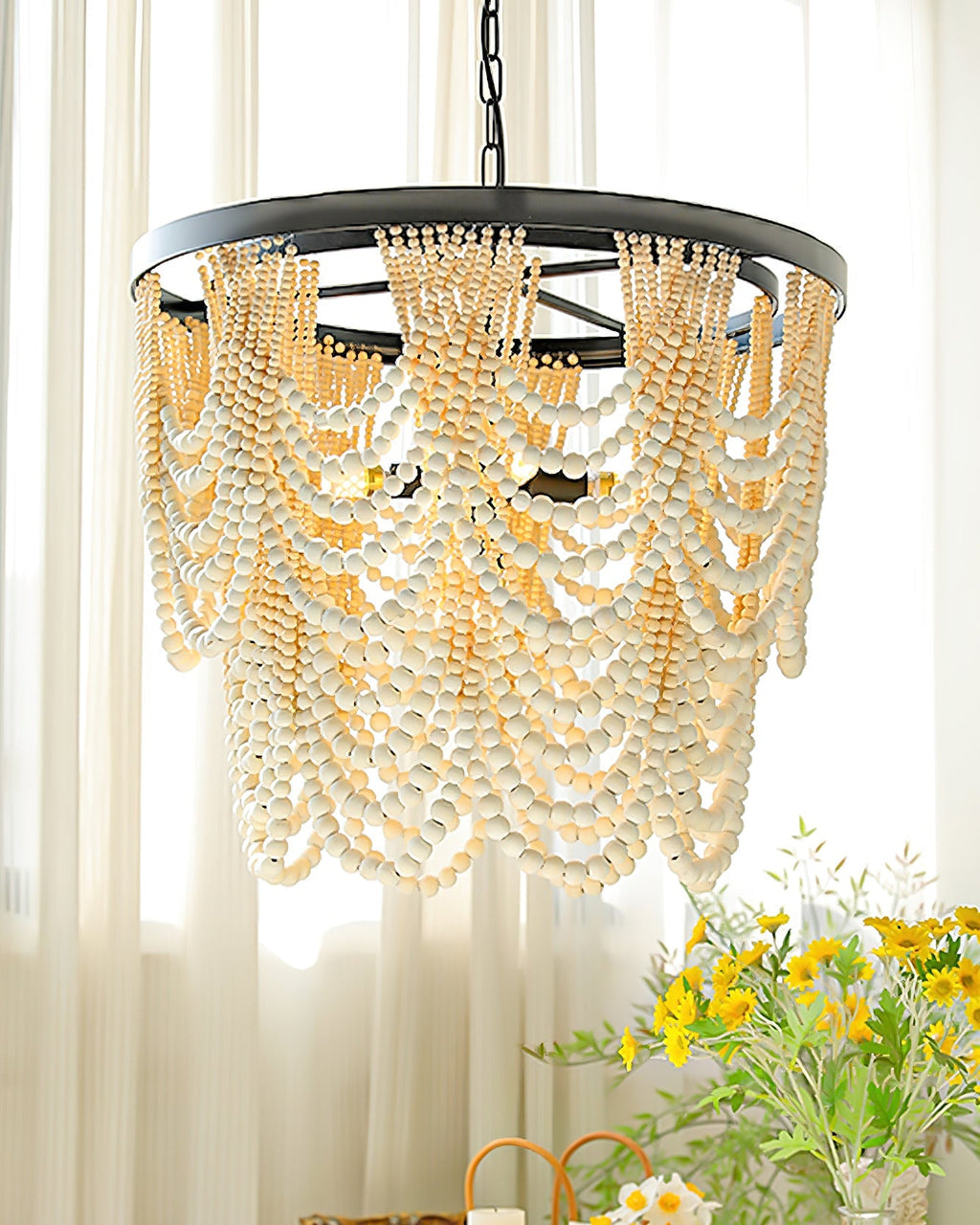 Amelia Chandelier Wood Bead Draped Rustic