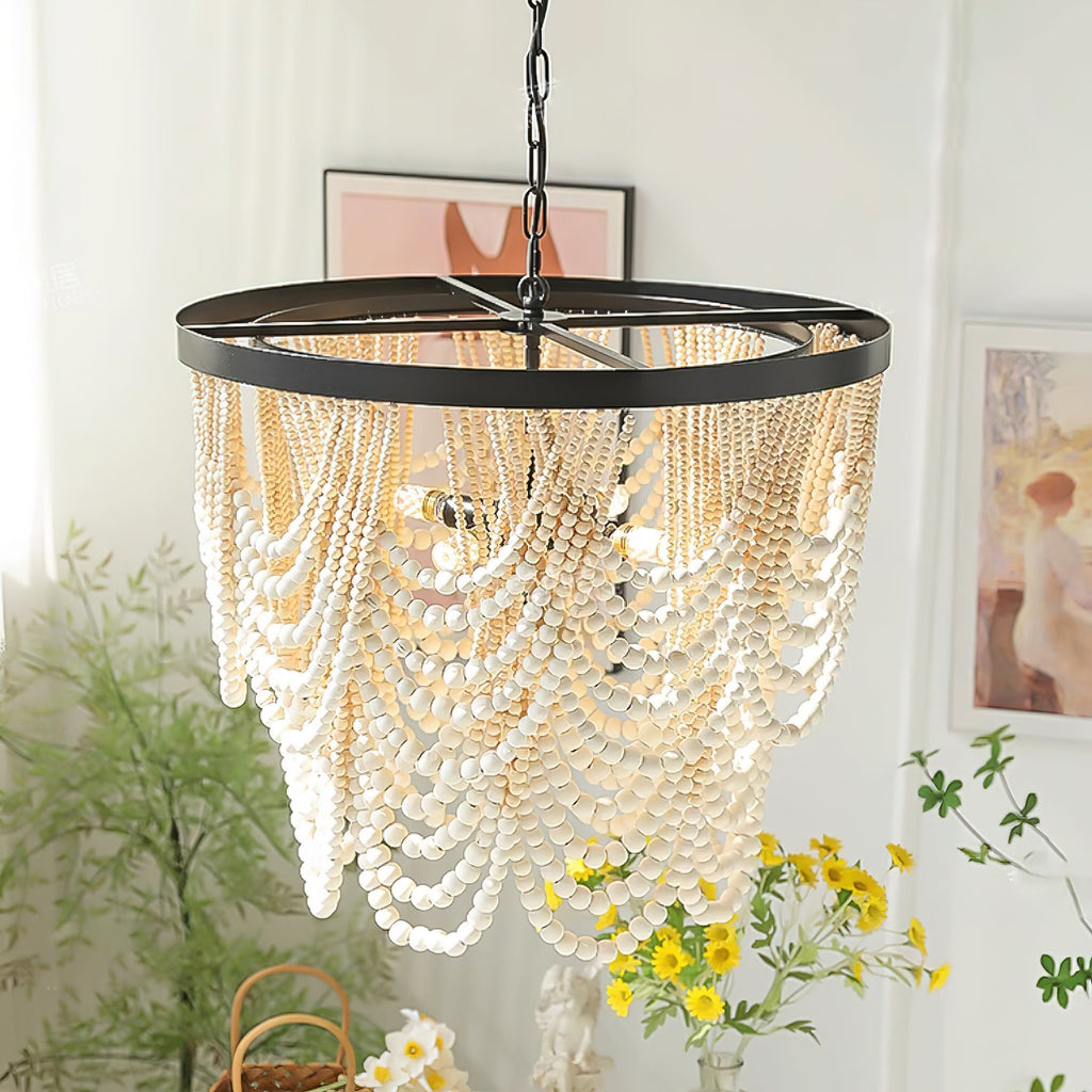 Amelia Chandelier Wood Bead Draped Rustic