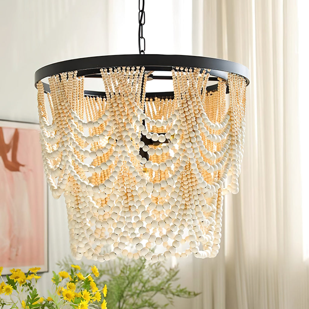 Amelia Chandelier Wood Bead Draped Rustic