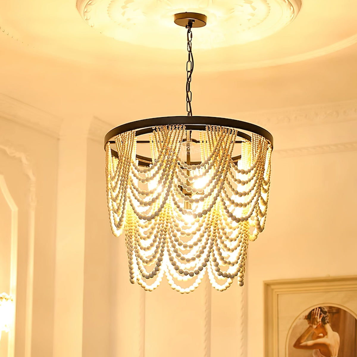 Amelia Chandelier Wood Bead Draped Rustic