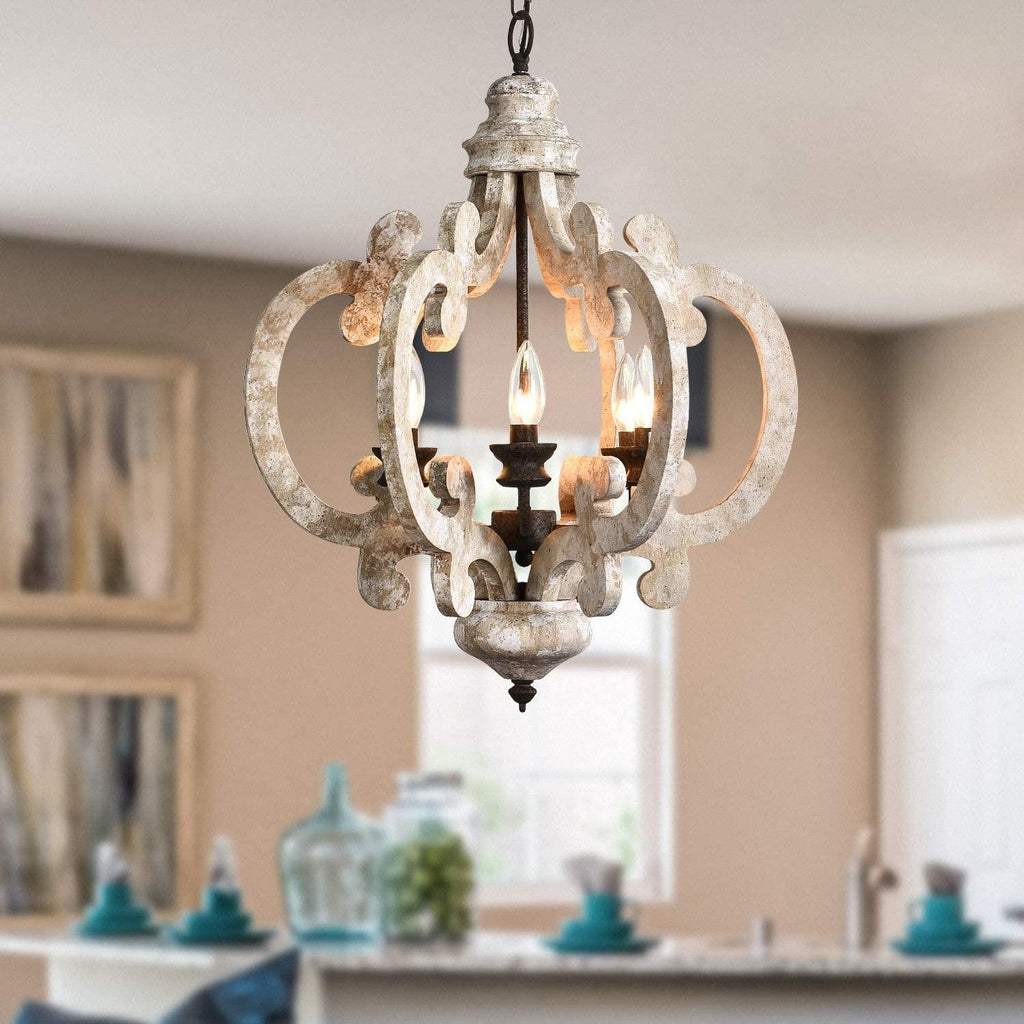 Lustra Chandelier Scroll Wood Whitewashed Rustic