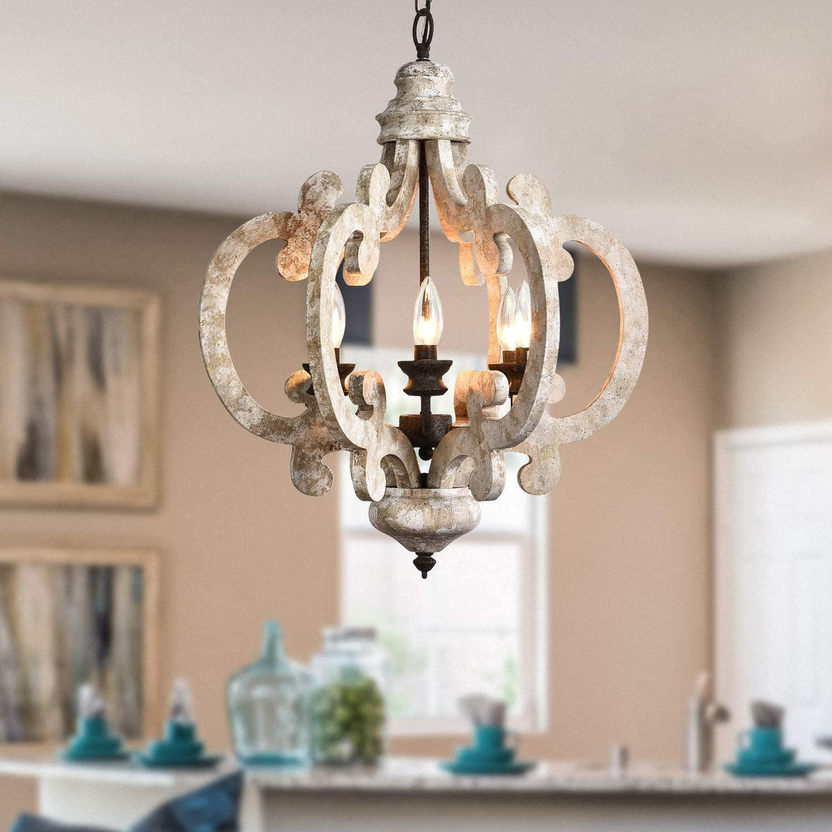 Lustra Chandelier Scroll Wood Whitewashed Rustic