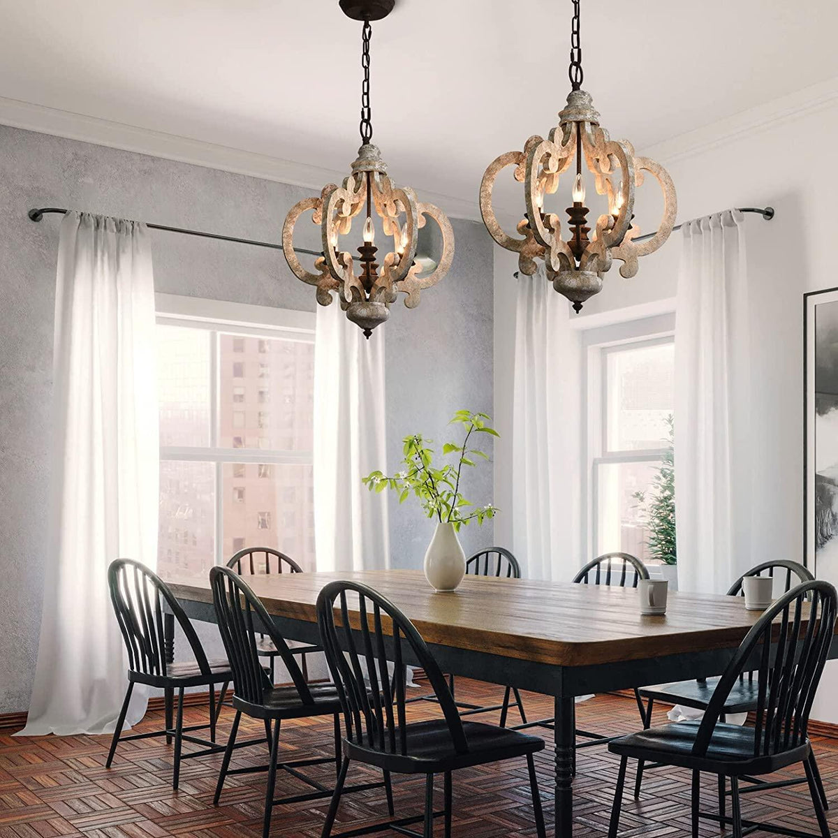 Lustra Chandelier Scroll Wood Whitewashed Rustic