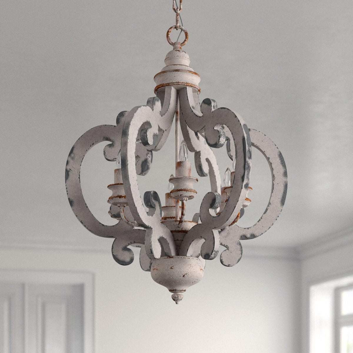 Lustra Chandelier Scroll Wood Whitewashed Rustic