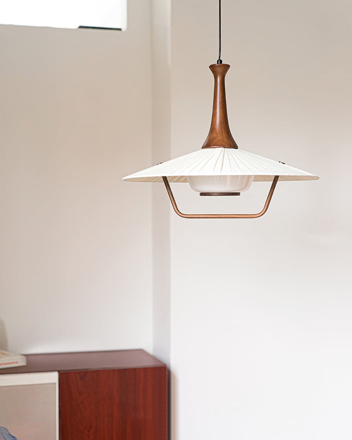 Vionne Mid-Century Wood and White Pendant Lamp