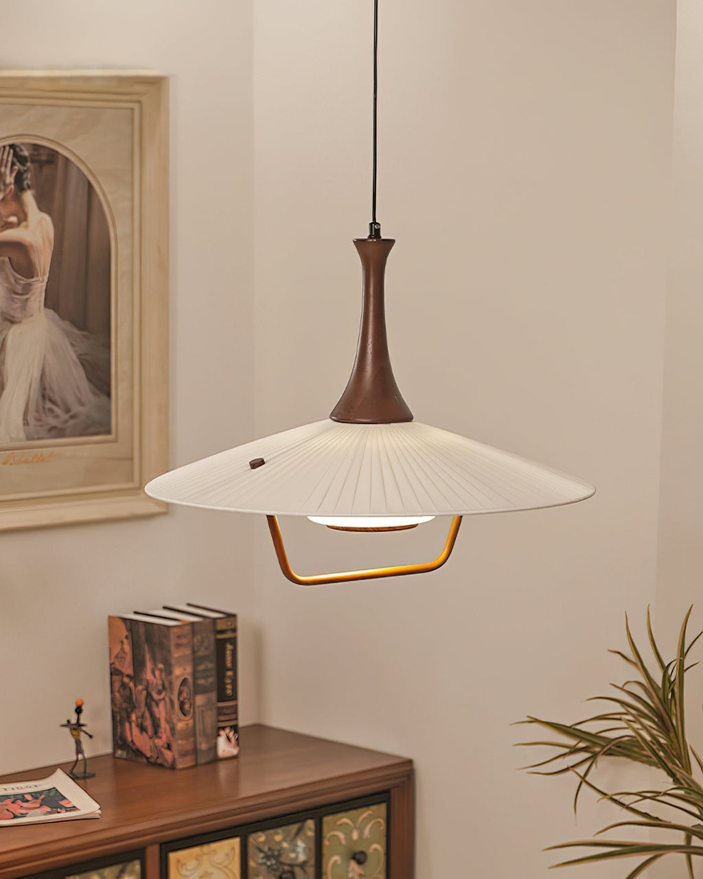 Vionne Mid-Century Wood and White Pendant Lamp