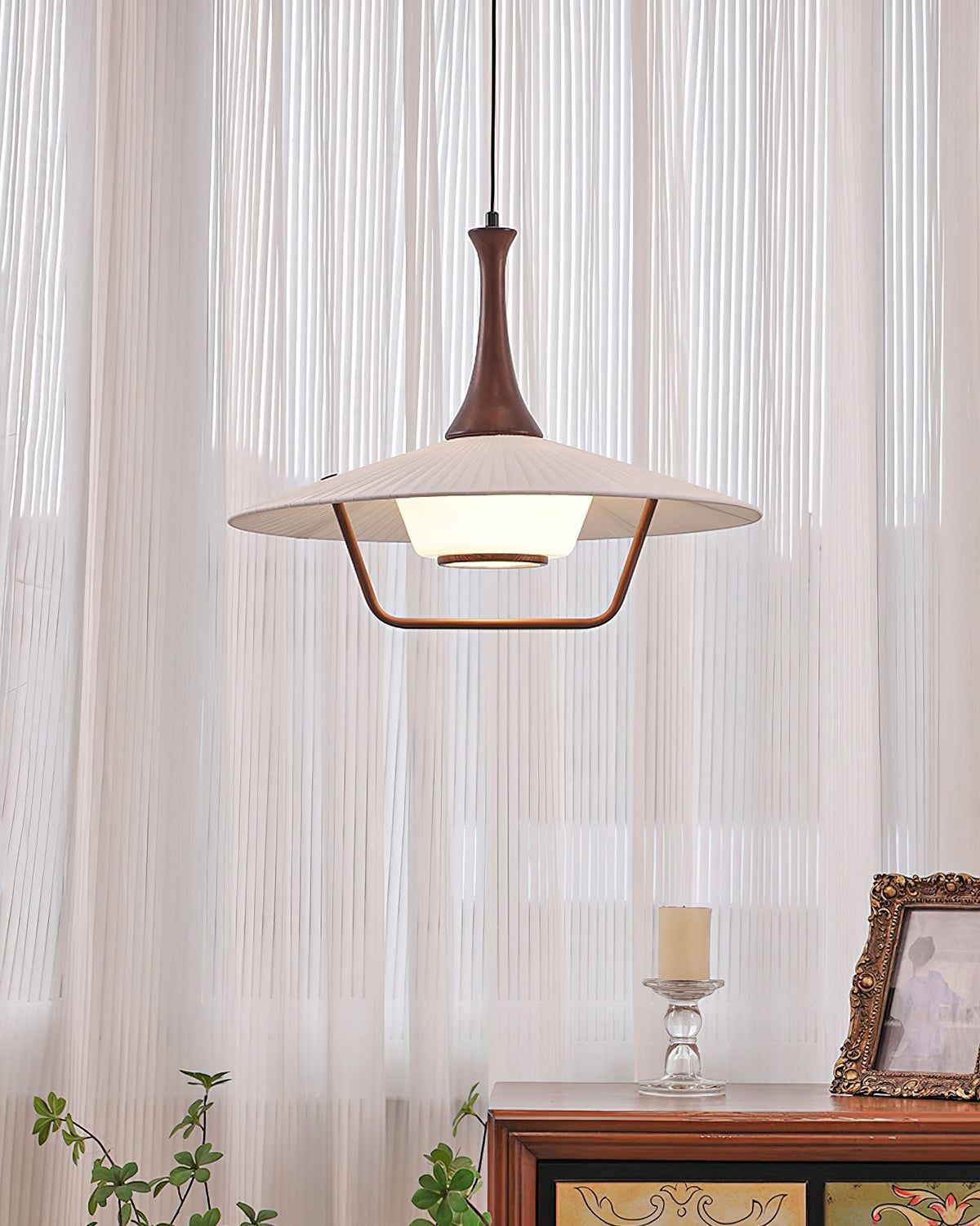 Vionne Mid-Century Wood and White Pendant Lamp