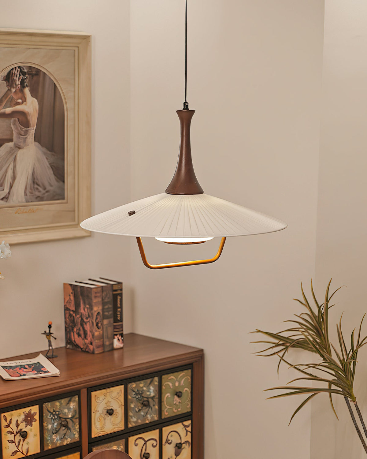 Vionne Mid-Century Wood and White Pendant Lamp