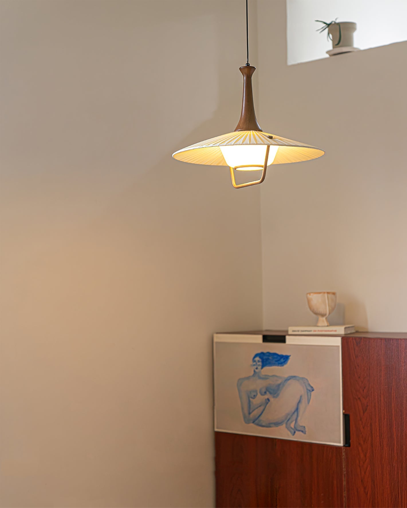 Vionne Mid-Century Wood and White Pendant Lamp
