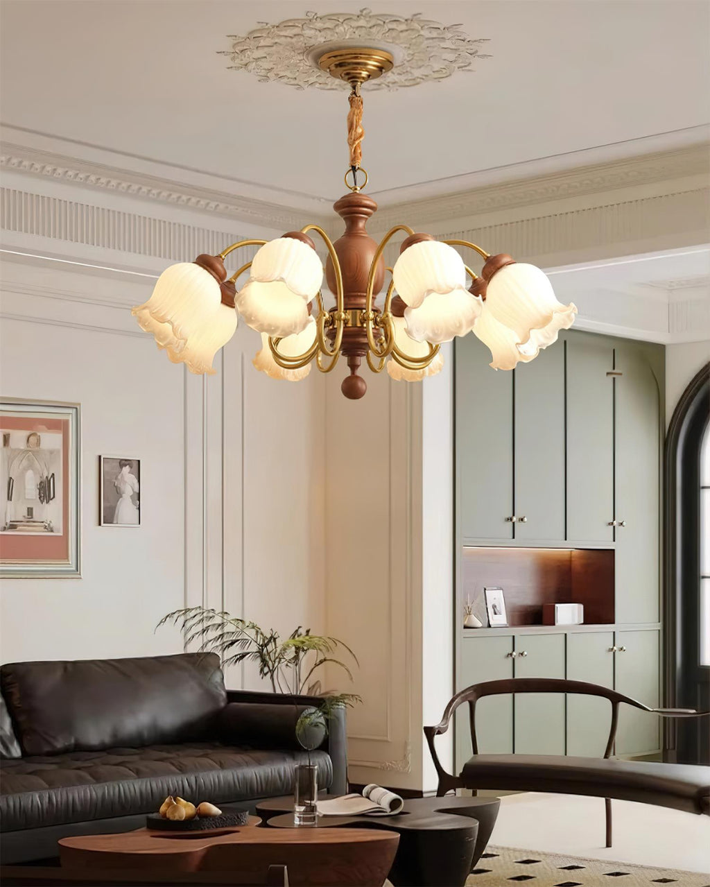 Chandelier Tulip Glass Shades Walnut Wood Frame Rustic
