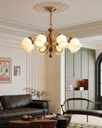 Chandelier Tulip Glass Shades Walnut Wood Frame Rustic