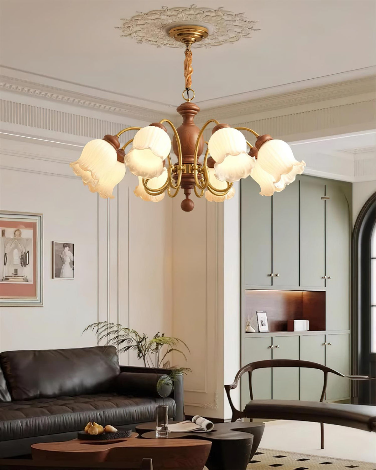 Chandelier Tulip Glass Shades Walnut Wood Frame Rustic