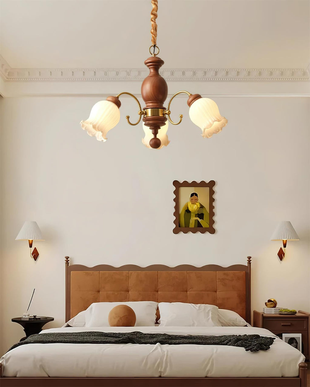 Chandelier Tulip Glass Shades Walnut Wood Frame Rustic