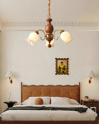 Chandelier Tulip Glass Shades Walnut Wood Frame Rustic
