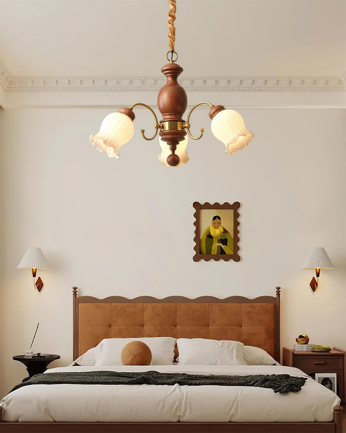 Chandelier Tulip Glass Shades Walnut Wood Frame Rustic