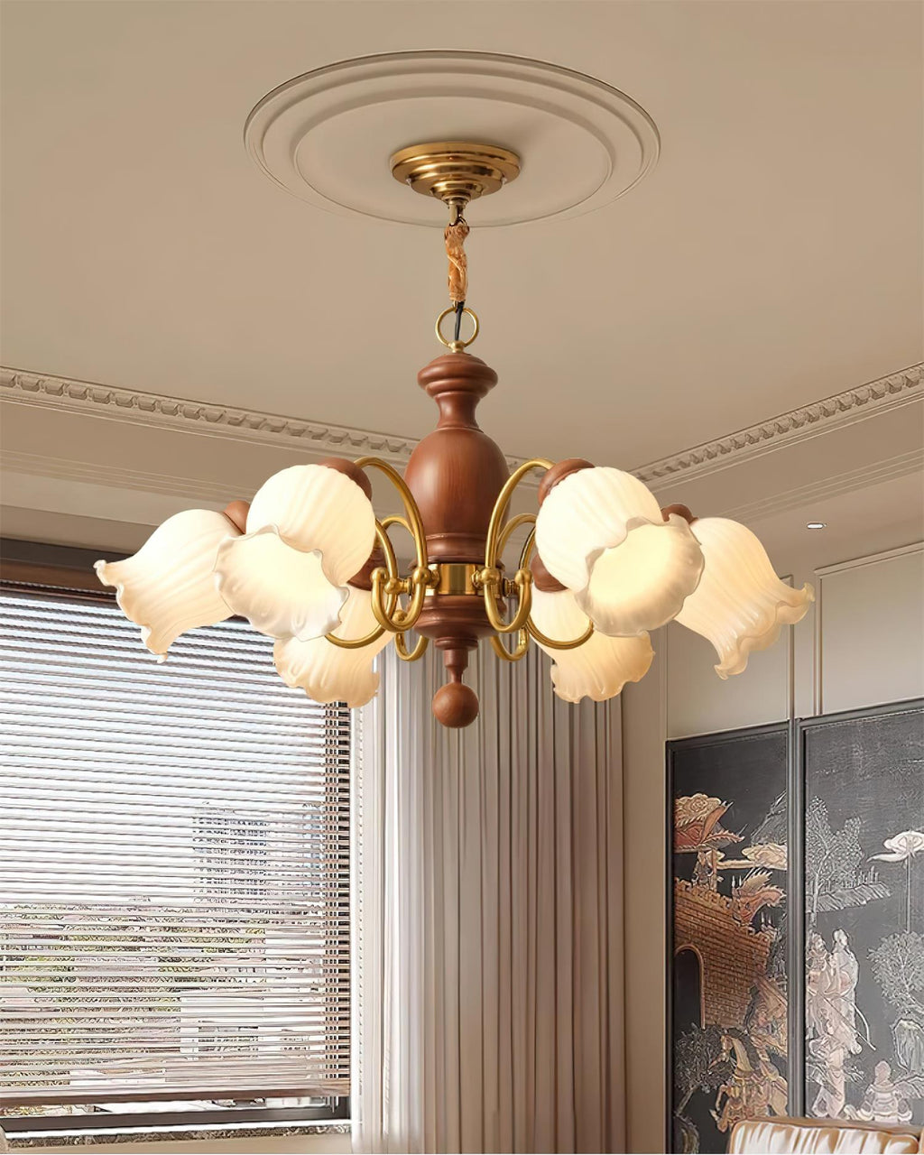 Chandelier Tulip Glass Shades Walnut Wood Frame Rustic