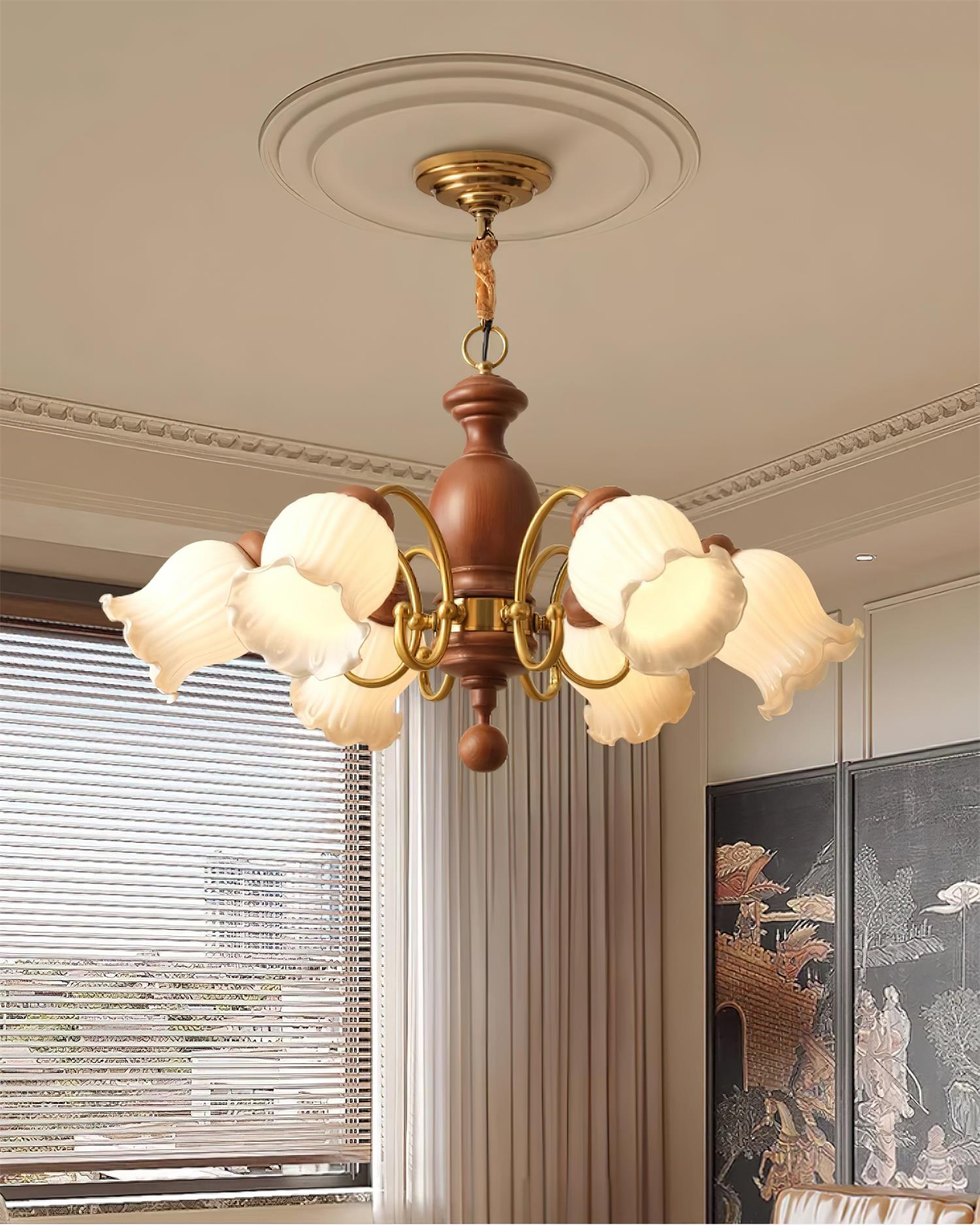 Chandelier Tulip Glass Shades Walnut Wood Frame Rustic