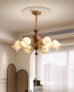 Chandelier Tulip Glass Shades Walnut Wood Frame Rustic