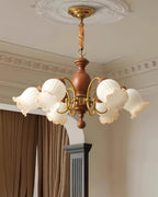 Chandelier Tulip Glass Shades Walnut Wood Frame Rustic