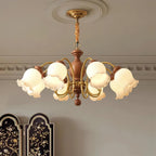 Chandelier Tulip Glass Shades Walnut Wood Frame Rustic
