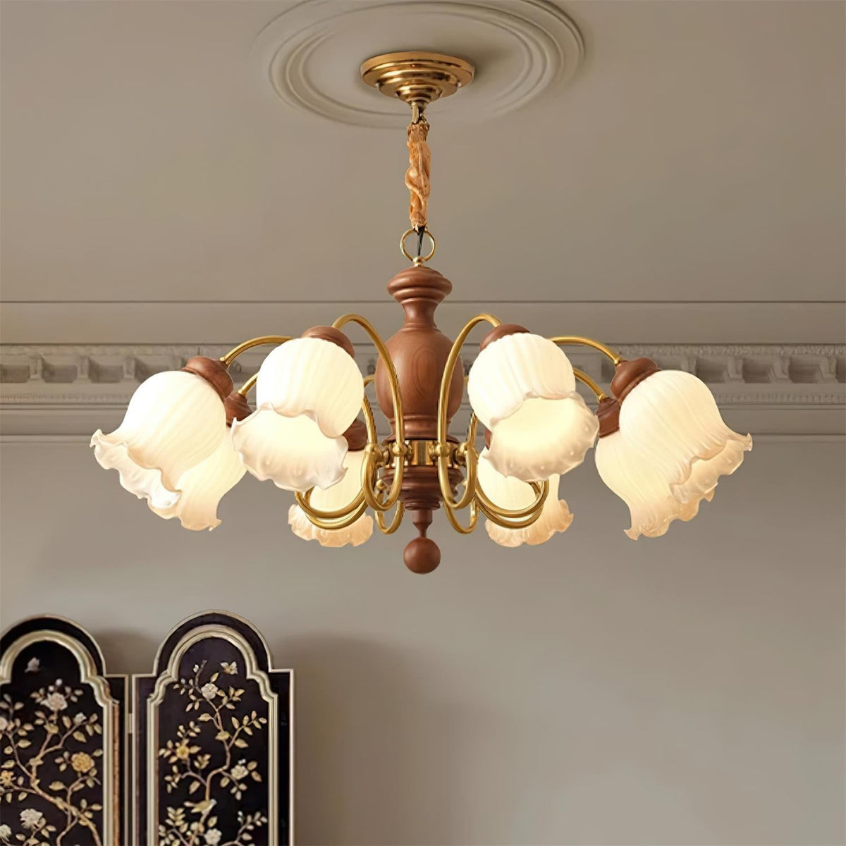 Chandelier Tulip Glass Shades Walnut Wood Frame Rustic