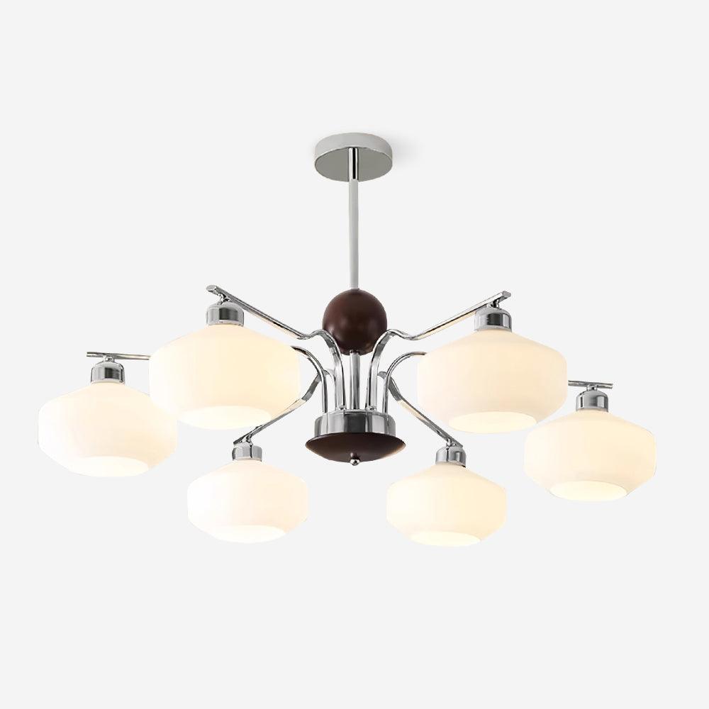Chandelier White Glass Shades Chrome Walnut Arms Retro