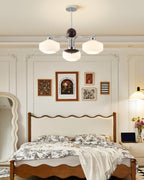Chandelier White Glass Shades Chrome Walnut Arms Retro