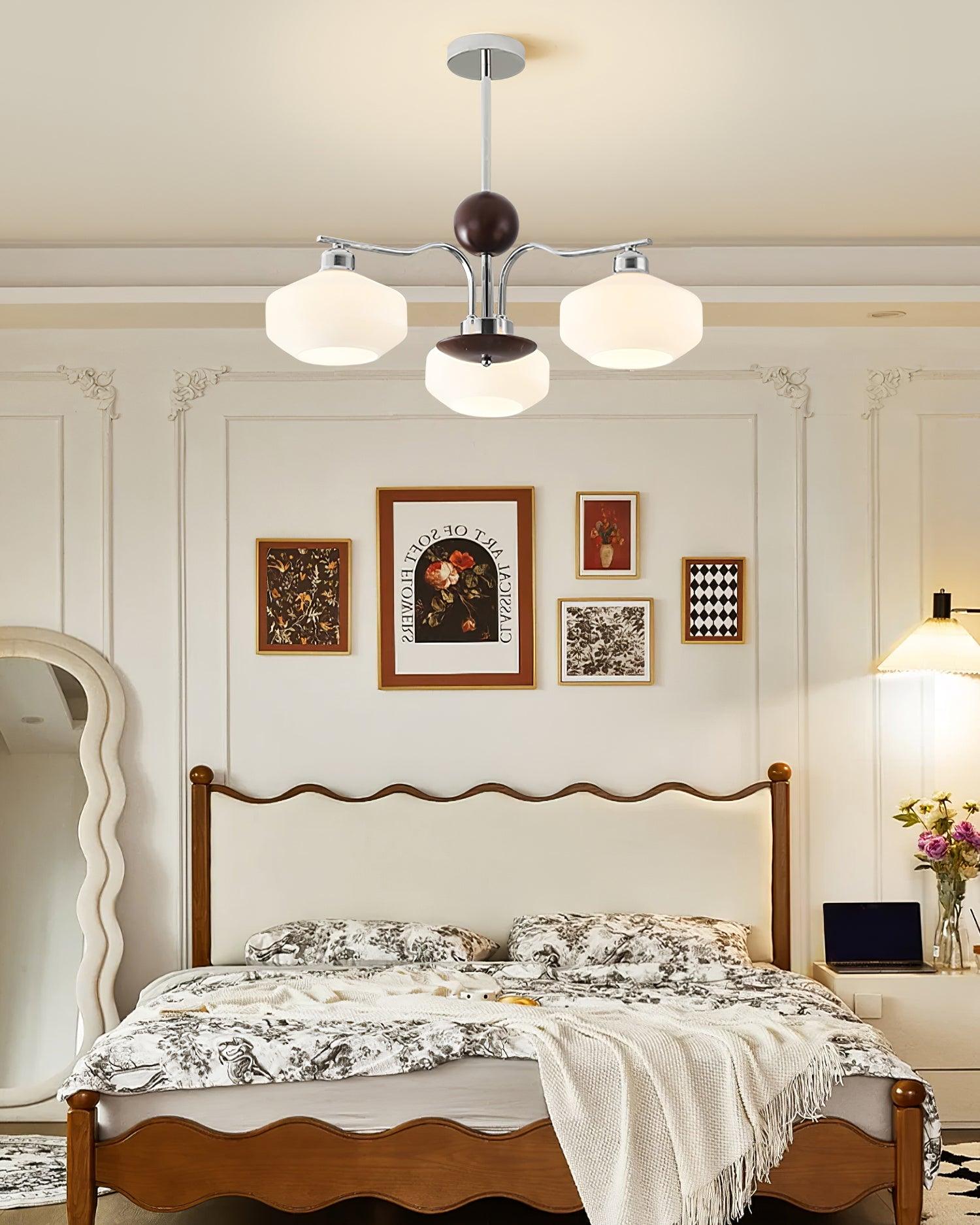 Chandelier White Glass Shades Chrome Walnut Arms Retro